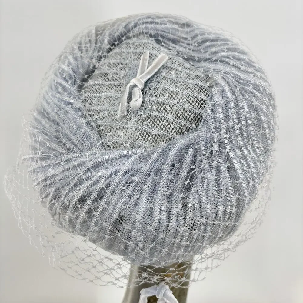 Vtg Pillbox Hat Birdcage Veil Blue Mesh Cocktail Church Wedding Fascinator